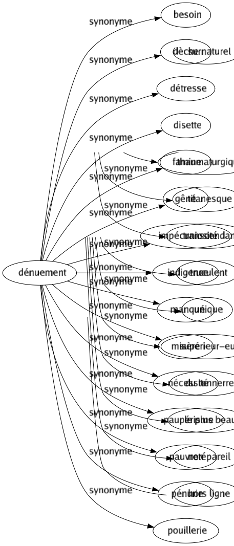 Synonyme de Dénuement : Besoin Dèche Détresse Disette Famine Gêné Impécuniosité Indigence Manqué Misère Nécessité Paupérisme Pauvreté Pénurie Pouillerie 