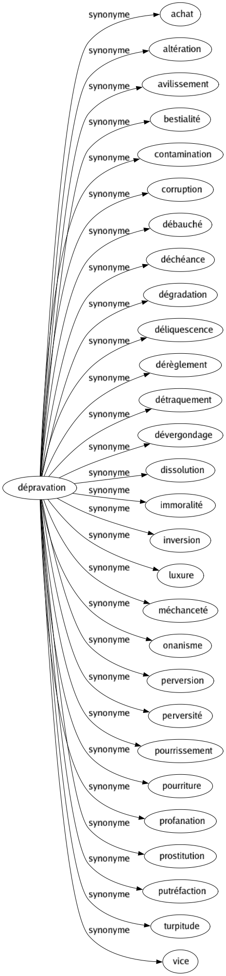 Synonyme de Dépravation : Achat Altération Avilissement Bestialité Contamination Corruption Débauché Déchéance Dégradation Déliquescence Dérèglement Détraquement Dévergondage Dissolution Immoralité Inversion Luxure Méchanceté Onanisme Perversion Perversité Pourrissement Pourriture Profanation Prostitution Putréfaction Turpitude Vice 