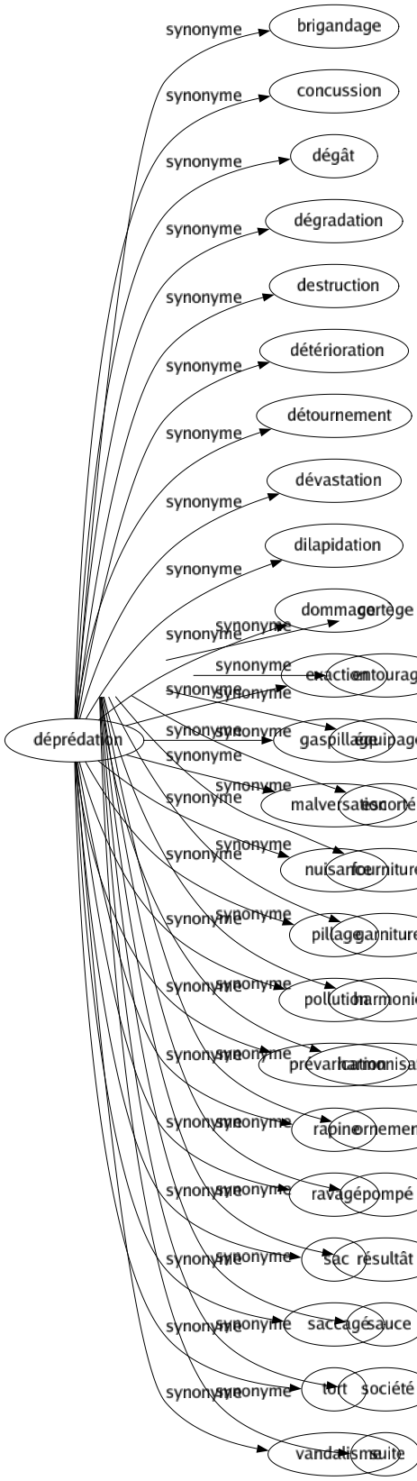 Synonyme de Déprédation : Brigandage Concussion Dégât Dégradation Destruction Détérioration Détournement Dévastation Dilapidation Dommage Exaction Gaspillage Malversation Nuisance Pillage Pollution Prévarication Rapine Ravagé Sac Saccagé Tort Vandalisme 
