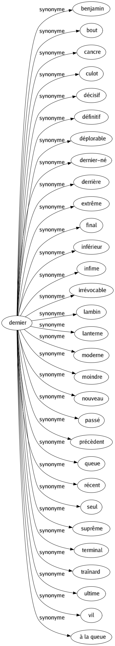 Synonyme de Dernier : Benjamin Bout Cancre Culot Décisif Définitif Déplorable Dernier-né Derrière Extrême Final Inférieur Infime Irrévocable Lambin Lanterne Moderne Moindre Nouveau Passé Précèdent Queue Récent Seul Suprême Terminal Traînard Ultime Vil À la queue 