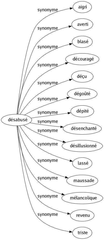Synonyme de Désabusé : Aigri Averti Blasé Découragé Déçu Dégoûté Dépité Désenchanté Désillusionné Lassé Maussade Mélancolique Revenu Triste 