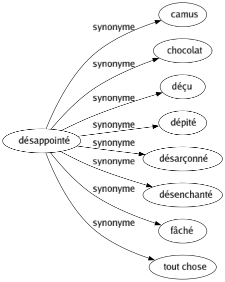Synonyme de Désappointé : Camus Chocolat Déçu Dépité Désarçonné Désenchanté Fâché Tout chose 