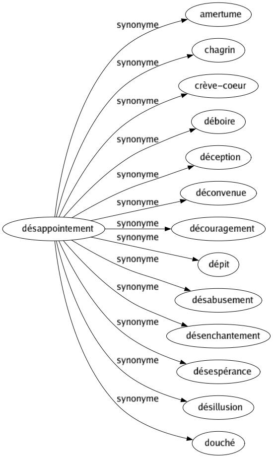 Synonyme de Désappointement : Amertume Chagrin Crève-coeur Déboire Déception Déconvenue Découragement Dépit Désabusement Désenchantement Désespérance Désillusion Douché 