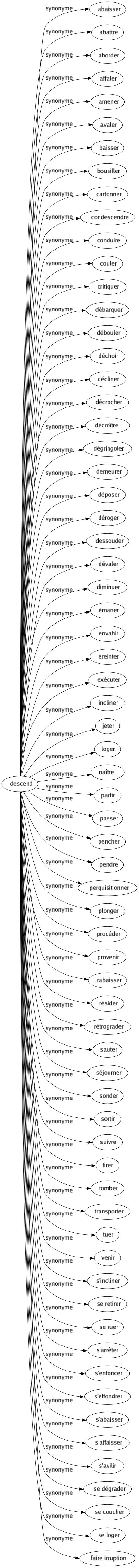 Synonyme de Descend : Abaisser Abattre Aborder Affaler Amener Avaler Baisser Bousiller Cartonner Condescendre Conduire Couler Critiquer Débarquer Débouler Déchoir Décliner Décrocher Décroître Dégringoler Demeurer Déposer Déroger Dessouder Dévaler Diminuer Émaner Envahir Éreinter Exécuter Incliner Jeter Loger Naître Partir Passer Pencher Pendre Perquisitionner Plonger Procéder Provenir Rabaisser Résider Rétrograder Sauter Séjourner Sonder Sortir Suivre Tirer Tomber Transporter Tuer Venir S'incliner Se retirer Se ruer S'arrêter S'enfoncer S'effondrer S'abaisser S'affaisser S'avilir Se dégrader Se coucher Se loger Faire irruption 
