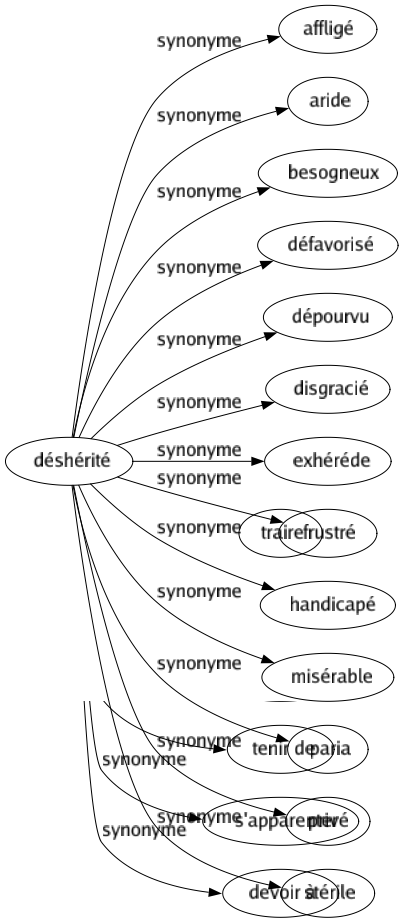 Synonyme de Déshérité : Affligé Aride Besogneux Défavorisé Dépourvu Disgracié Exhéréde Frustré Handicapé Misérable Paria Privé Stérile 