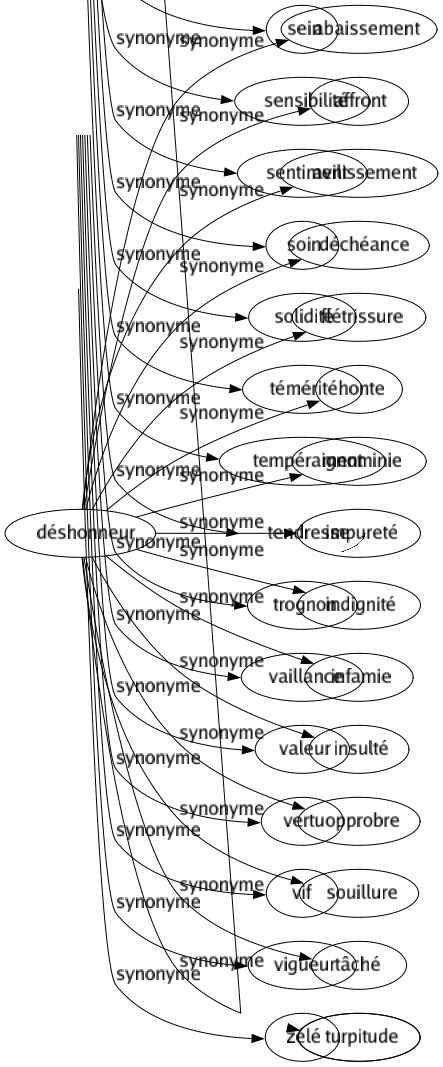 Synonyme de Déshonneur : Abaissement Affront Avilissement Déchéance Flétrissure Honte Ignominie Impureté Indignité Infamie Insulté Opprobre Souillure Tâché Turpitude 