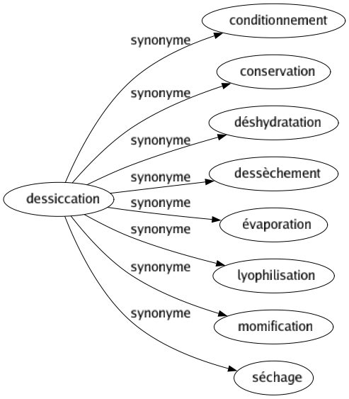 Synonyme de Dessiccation : Conditionnement Conservation Déshydratation Dessèchement Évaporation Lyophilisation Momification Séchage 
