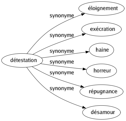 Synonyme de Détestation : Éloignement Exécration Haine Horreur Répugnance Désamour 