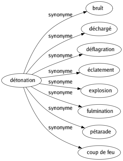 Synonyme de Détonation : Bruît Déchargé Déflagration Éclatement Explosion Fulmination Pétarade Coup de feu 