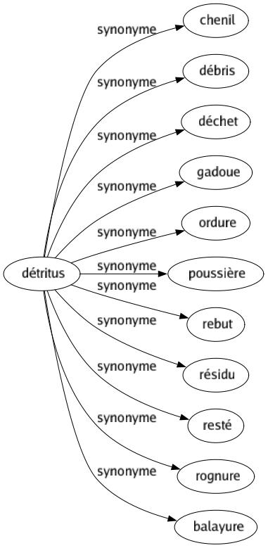 Synonyme de Détritus : Chenil Débris Déchet Gadoue Ordure Poussière Rebut Résidu Resté Rognure Balayure 