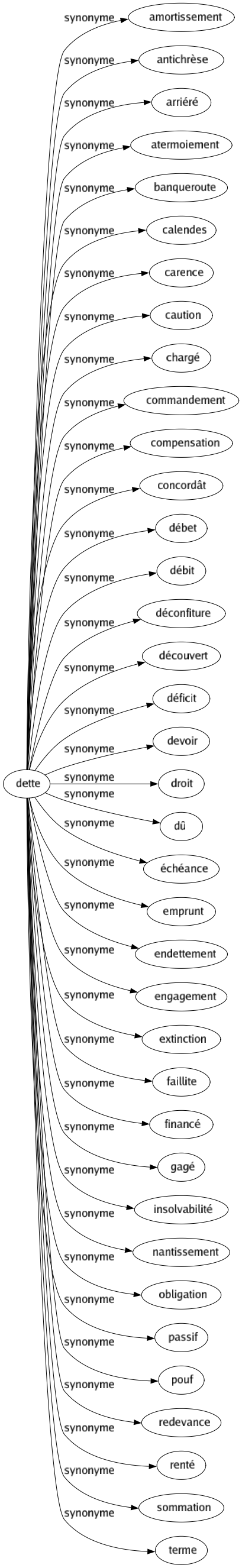 Synonyme de Dette : Amortissement Antichrèse Arriéré Atermoiement Banqueroute Calendes Carence Caution Chargé Commandement Compensation Concordât Débet Débit Déconfiture Découvert Déficit Devoir Droit Dû Échéance Emprunt Endettement Engagement Extinction Faillite Financé Gagé Insolvabilité Nantissement Obligation Passif Pouf Redevance Renté Sommation Terme 