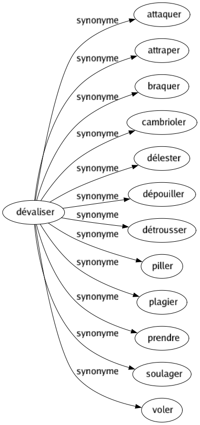 Synonyme de Dévaliser : Attaquer Attraper Braquer Cambrioler Délester Dépouiller Détrousser Piller Plagier Prendre Soulager Voler 