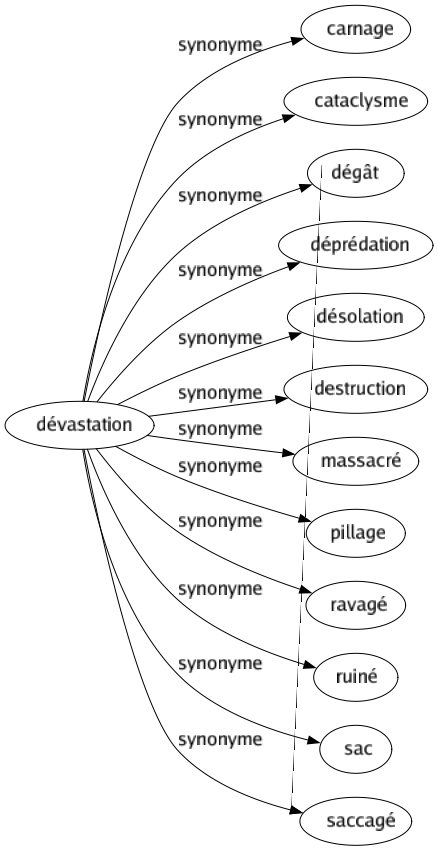 Synonyme de Dévastation : Carnage Cataclysme Dégât Déprédation Désolation Destruction Massacré Pillage Ravagé Ruiné Sac Saccagé 