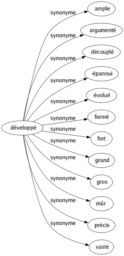 Synonyme de Développé : Ample Argumenté Découplé Épanoui Évolué Formé Fort Grand Gros Mûr Précis Vaste 