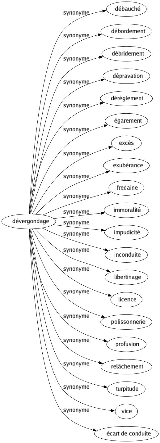 Synonyme de Dévergondage : Débauché Débordement Débridement Dépravation Dérèglement Égarement Excès Exubérance Fredaine Immoralité Impudicité Inconduite Libertinage Licence Polissonnerie Profusion Relâchement Turpitude Vice Écart de conduite 
