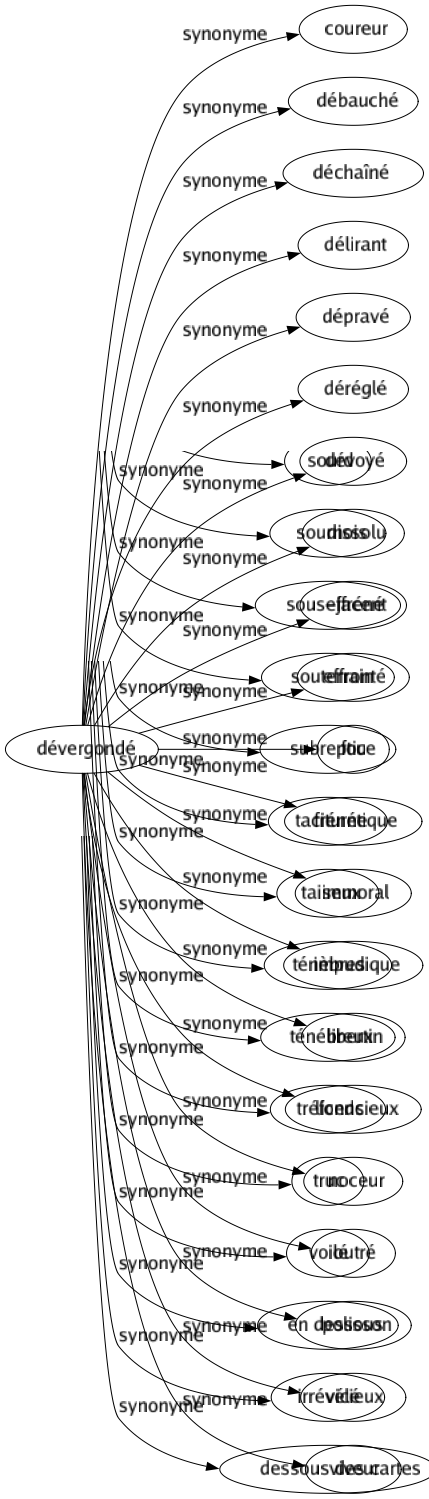 Synonyme de Dévergondé : Coureur Débauché Déchaîné Délirant Dépravé Déréglé Dévoyé Dissolu Effréné Effronté Fou Frénétique Immoral Impudique Libertin Licencieux Noceur Outré Polisson Vicieux Viveur 