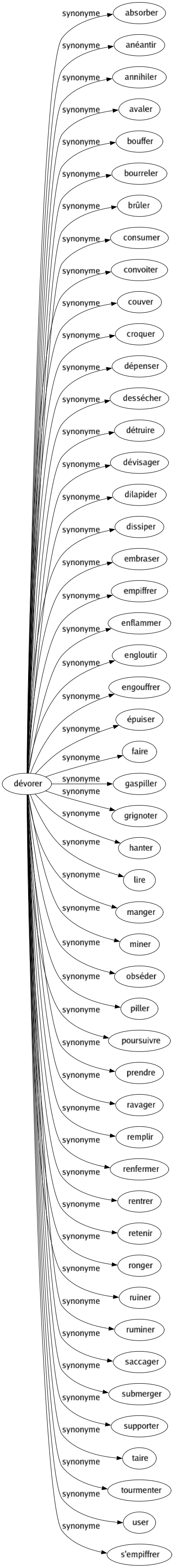 Synonyme de Dévorer : Absorber Anéantir Annihiler Avaler Bouffer Bourreler Brûler Consumer Convoiter Couver Croquer Dépenser Dessécher Détruire Dévisager Dilapider Dissiper Embraser Empiffrer Enflammer Engloutir Engouffrer Épuiser Faire Gaspiller Grignoter Hanter Lire Manger Miner Obséder Piller Poursuivre Prendre Ravager Remplir Renfermer Rentrer Retenir Ronger Ruiner Ruminer Saccager Submerger Supporter Taire Tourmenter User S'empiffrer 