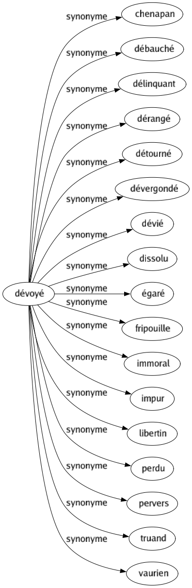 Synonyme de Dévoyé : Chenapan Débauché Délinquant Dérangé Détourné Dévergondé Dévié Dissolu Égaré Fripouille Immoral Impur Libertin Perdu Pervers Truand Vaurien 