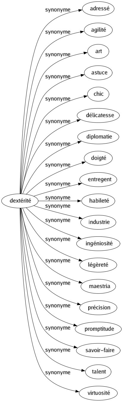 Synonyme de Dextérité : Adressé Agilité Art Astuce Chic Délicatesse Diplomatie Doigté Entregent Habileté Industrie Ingéniosité Légèreté Maestria Précision Promptitude Savoir-faire Talent Virtuosité 