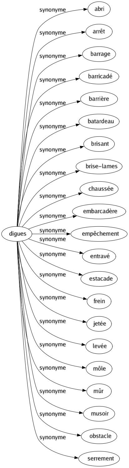 Synonyme de Digues : Abri Arrêt Barrage Barricadé Barrière Batardeau Brisant Brise-lames Chaussée Embarcadère Empêchement Entravé Estacade Frein Jetée Levée Môle Mûr Musoir Obstacle Serrement 