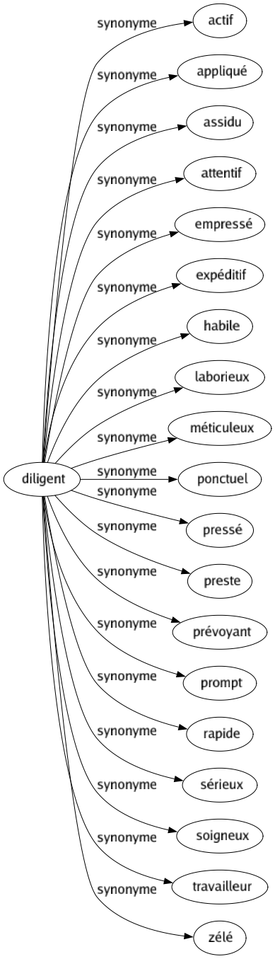 Synonyme de Diligent : Actif Appliqué Assidu Attentif Empressé Expéditif Habile Laborieux Méticuleux Ponctuel Pressé Preste Prévoyant Prompt Rapide Sérieux Soigneux Travailleur Zélé 