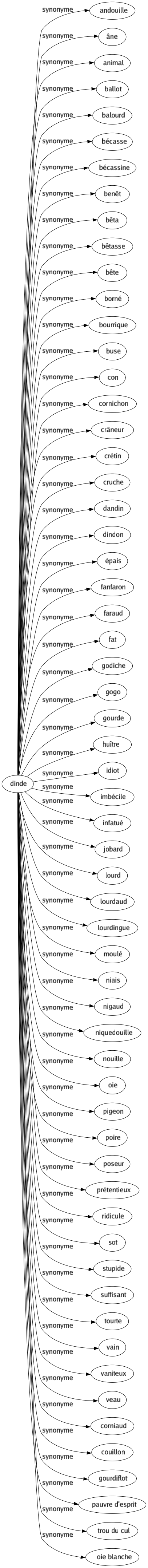 Synonyme de Dinde : Andouille Âne Animal Ballot Balourd Bécasse Bécassine Benêt Bêta Bêtasse Bête Borné Bourrique Buse Con Cornichon Crâneur Crétin Cruche Dandin Dindon Épais Fanfaron Faraud Fat Godiche Gogo Gourde Huître Idiot Imbécile Infatué Jobard Lourd Lourdaud Lourdingue Moulé Niais Nigaud Niquedouille Nouille Oie Pigeon Poire Poseur Prétentieux Ridicule Sot Stupide Suffisant Tourte Vain Vaniteux Veau Corniaud Couillon Gourdiflot Pauvre d'esprit Trou du cul Oie blanche 