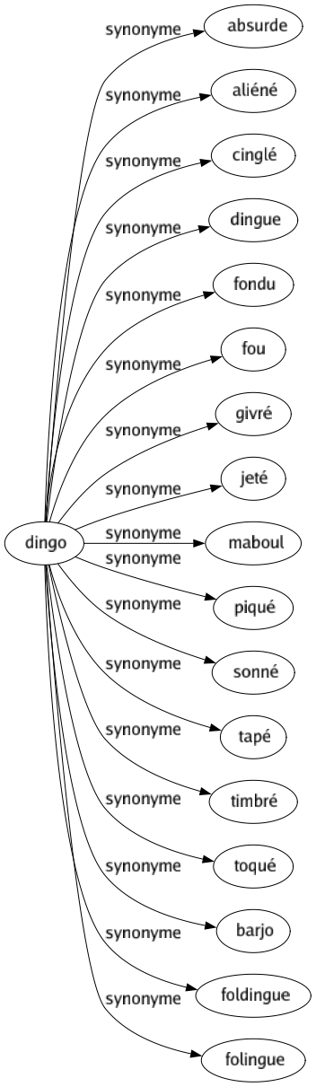 Synonyme de Dingo : Absurde Aliéné Cinglé Dingue Fondu Fou Givré Jeté Maboul Piqué Sonné Tapé Timbré Toqué Barjo Foldingue Folingue 