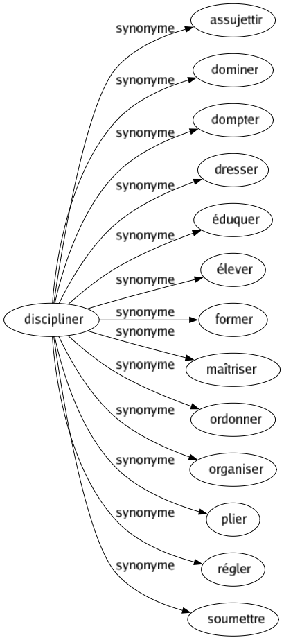 Synonyme de Discipliner : Assujettir Dominer Dompter Dresser Éduquer Élever Former Maîtriser Ordonner Organiser Plier Régler Soumettre 