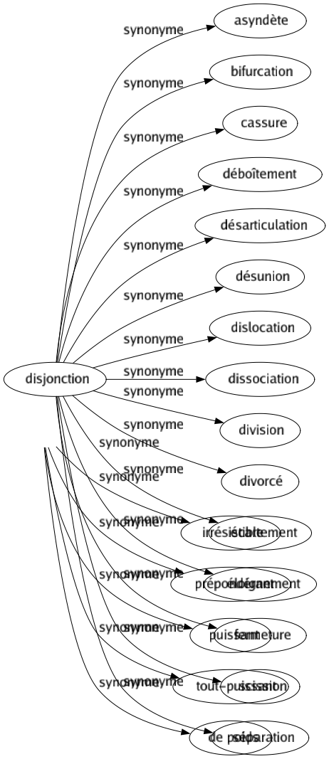 Synonyme de Disjonction : Asyndète Bifurcation Cassure Déboîtement Désarticulation Désunion Dislocation Dissociation Division Divorcé Écartement Éloignement Fermeture Scission Séparation 