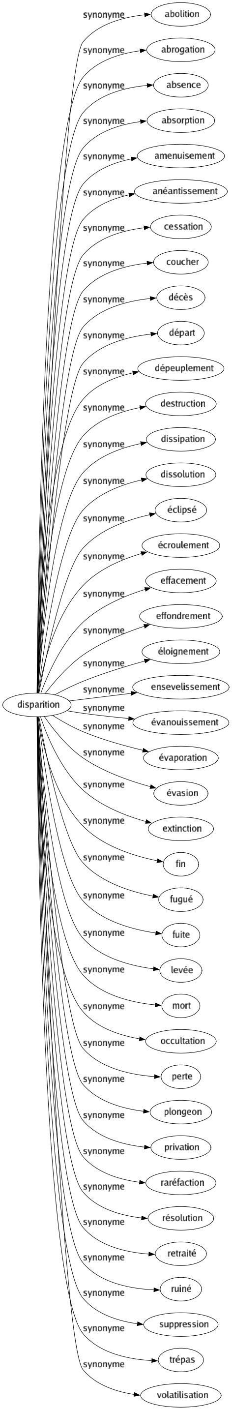 Synonyme de Disparition : Abolition Abrogation Absence Absorption Amenuisement Anéantissement Cessation Coucher Décès Départ Dépeuplement Destruction Dissipation Dissolution Éclipsé Écroulement Effacement Effondrement Éloignement Ensevelissement Évanouissement Évaporation Évasion Extinction Fin Fugué Fuite Levée Mort Occultation Perte Plongeon Privation Raréfaction Résolution Retraité Ruiné Suppression Trépas Volatilisation 