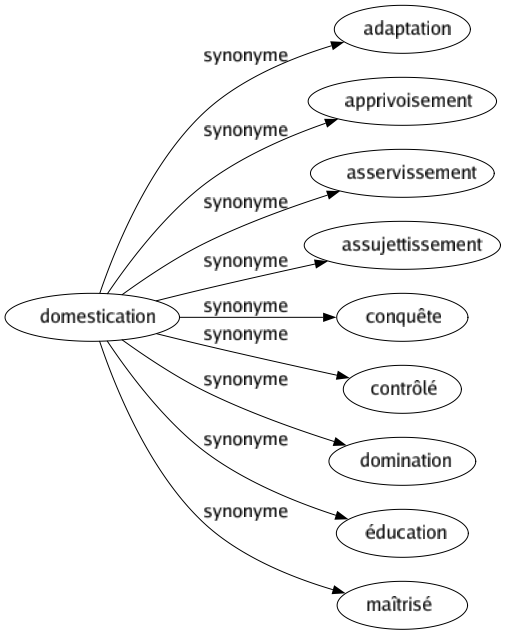 Synonyme de Domestication : Adaptation Apprivoisement Asservissement Assujettissement Conquête Contrôlé Domination Éducation Maîtrisé 