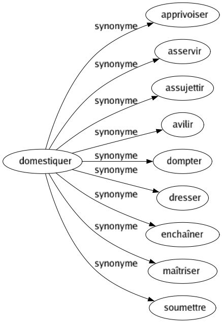 Synonyme de Domestiquer : Apprivoiser Asservir Assujettir Avilir Dompter Dresser Enchaîner Maîtriser Soumettre 