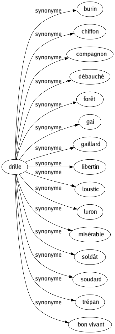 Synonyme de Drille : Burin Chiffon Compagnon Débauché Forêt Gai Gaillard Libertin Loustic Luron Misérable Soldât Soudard Trépan Bon vivant 