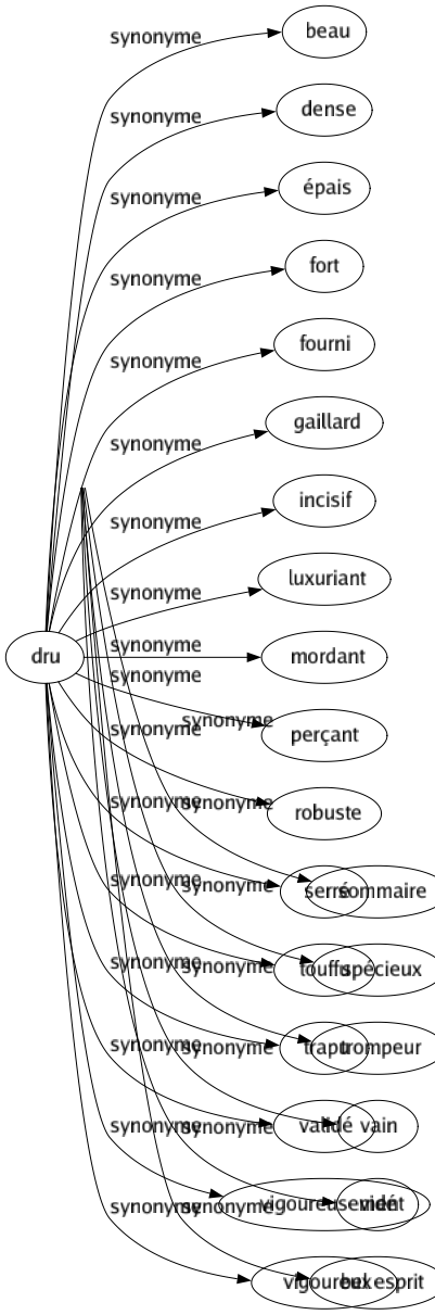Synonyme de Dru : Beau Dense Épais Fort Fourni Gaillard Incisif Luxuriant Mordant Perçant Robuste Serré Touffu Trapu Validé Vigoureusement Vigoureux 