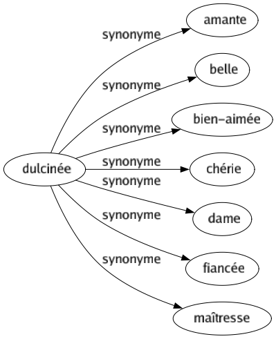 Synonyme de Dulcinée : Amante Belle Bien-aimée Chérie Dame Fiancée Maîtresse 