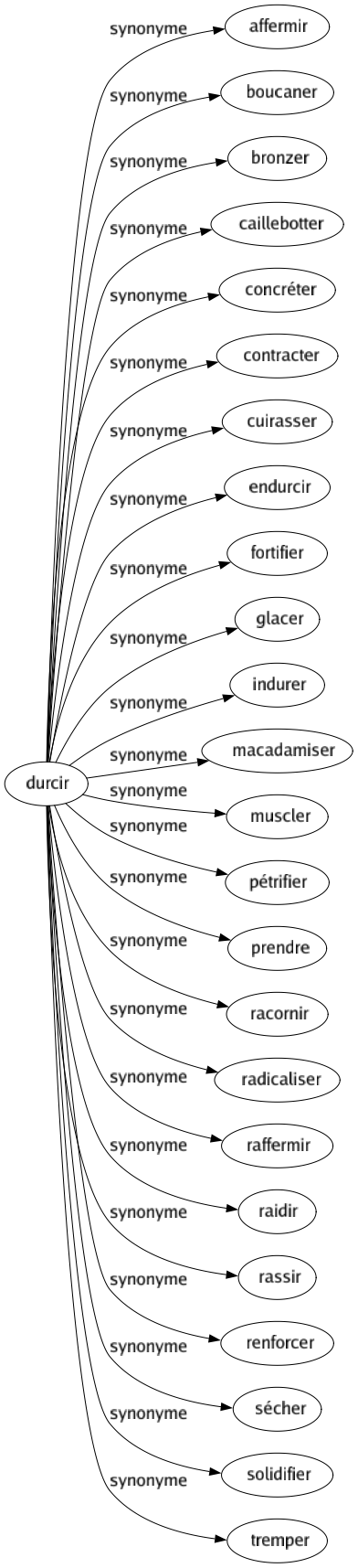 Synonyme de Durcir : Affermir Boucaner Bronzer Caillebotter Concréter Contracter Cuirasser Endurcir Fortifier Glacer Indurer Macadamiser Muscler Pétrifier Prendre Racornir Radicaliser Raffermir Raidir Rassir Renforcer Sécher Solidifier Tremper 