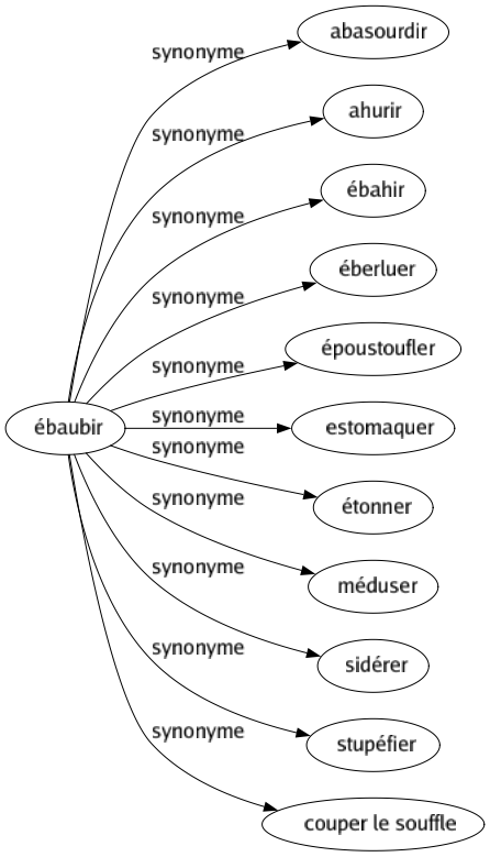 Synonyme de Ébaubir : Abasourdir Ahurir Ébahir Éberluer Époustoufler Estomaquer Étonner Méduser Sidérer Stupéfier Couper le souffle 