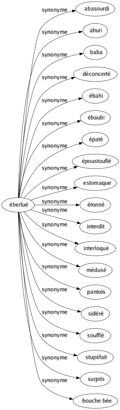 Synonyme de Éberlué : Abasourdi Ahuri Baba Déconcerté Ébahi Ébaubi Épaté Époustouflé Estomaque Étonné Interdit Interloqué Médusé Pantois Sidéré Soufflé Stupéfait Surpris Bouche bée 