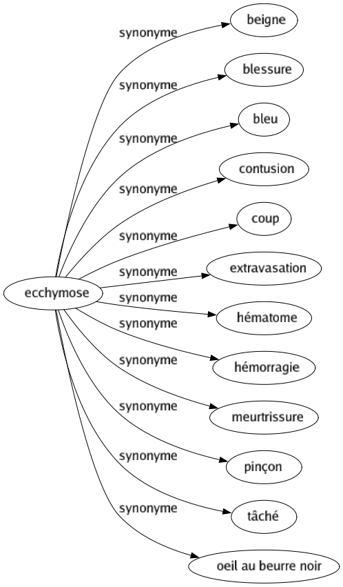 Synonyme de Ecchymose : Beigne Blessure Bleu Contusion Coup Extravasation Hématome Hémorragie Meurtrissure Pinçon Tâché Oeil au beurre noir 