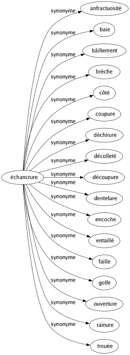 Synonyme de Échancrure : Anfractuosité Baie Bâillement Brèche Côté Coupure Déchirure Décolleté Découpure Dentelure Encoche Entaillé Faille Golfe Ouverture Rainure Trouée 