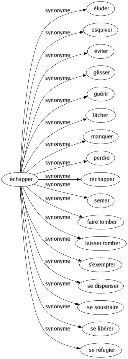 Synonyme de Échapper : Éluder Esquiver Éviter Glisser Guérir Lâcher Manquer Perdre Réchapper Semer Faire tomber Laisser tomber S'exempter Se dispenser Se soustraire Se libérer Se réfugier 