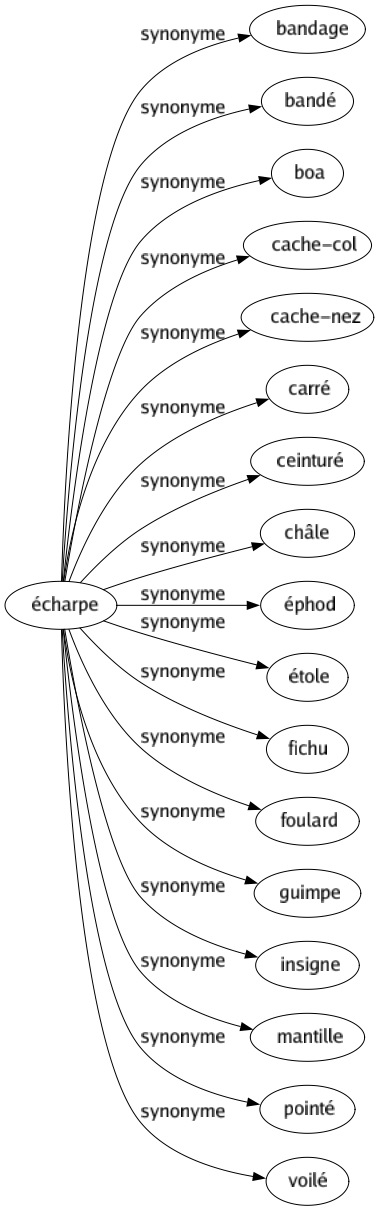 Synonyme de Écharpe : Bandage Bandé Boa Cache-col Cache-nez Carré Ceinturé Châle Éphod Étole Fichu Foulard Guimpe Insigne Mantille Pointé Voilé 