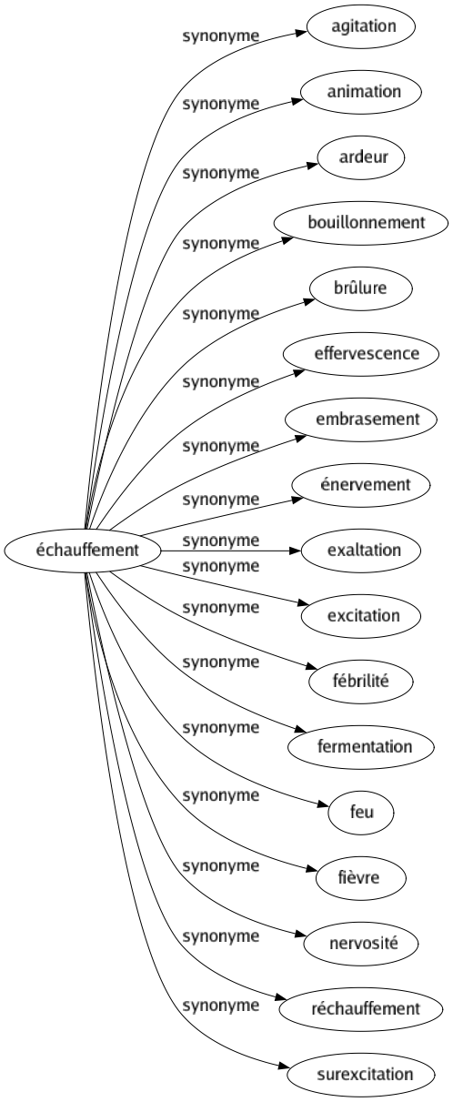 Synonyme de Échauffement : Agitation Animation Ardeur Bouillonnement Brûlure Effervescence Embrasement Énervement Exaltation Excitation Fébrilité Fermentation Feu Fièvre Nervosité Réchauffement Surexcitation 