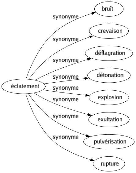 Synonyme de Éclatement : Bruît Crevaison Déflagration Détonation Explosion Exultation Pulvérisation Rupture 