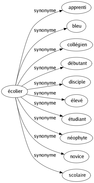 Synonyme de Écolier : Apprenti Bleu Collégien Débutant Disciple Élevé Étudiant Néophyte Novice Scolaire 