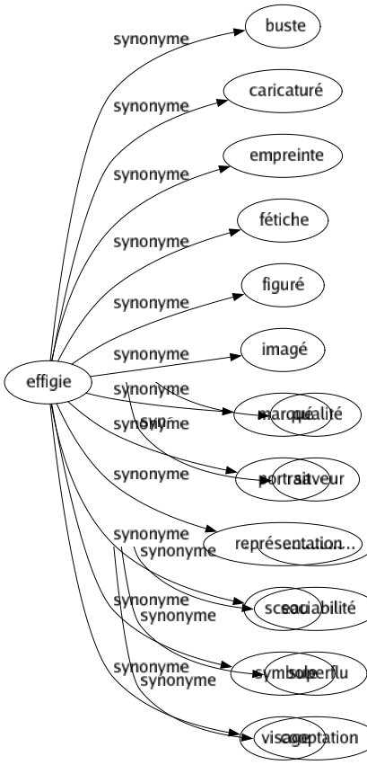 Synonyme de Effigie : Buste Caricaturé Empreinte Fétiche Figuré Imagé Marqué Portrait Représentation Sceau Symbole Visage 