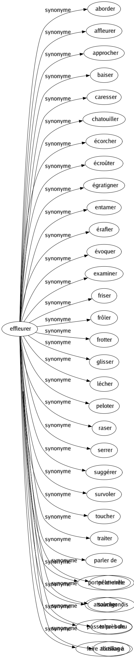 Synonyme de Effleurer : Aborder Affleurer Approcher Baiser Caresser Chatouiller Écorcher Écroûter Égratigner Entamer Érafler Évoquer Examiner Friser Frôler Frotter Glisser Lécher Peloter Raser Serrer Suggérer Survoler Toucher Traiter Parler de Porter atteinte Attoucher Passer près de Faire allusion à 