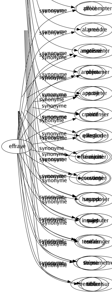 Synonyme de Effrayé : Affolé Alarmé Angoissé Anxieux Apeuré Craintif Effaré Effarouché Épouvanté Hagard Inquiet Terrifié Transi Tremblant 