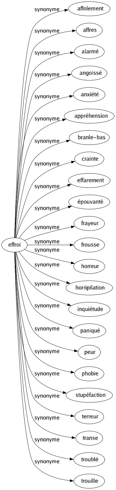 Synonyme de Effroi : Affolement Affres Alarmé Angoissé Anxiété Appréhension Branle-bas Crainte Effarement Épouvanté Frayeur Frousse Horreur Horripilation Inquiétude Paniqué Peur Phobie Stupéfaction Terreur Transe Troublé Trouille 