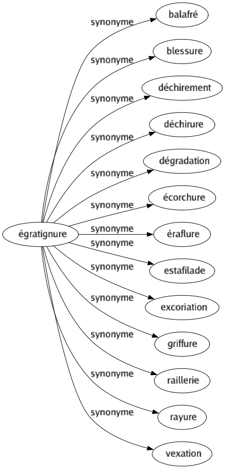 Synonyme de Égratignure : Balafré Blessure Déchirement Déchirure Dégradation Écorchure Éraflure Estafilade Excoriation Griffure Raillerie Rayure Vexation 